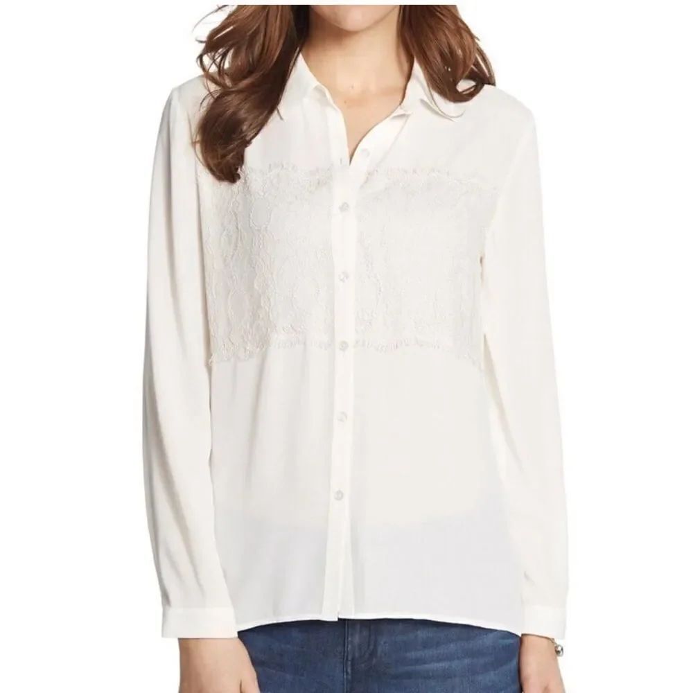 CHICO’S White Satin Alita Lace Panel Blouse New Long Sleeve Button Up Size 3